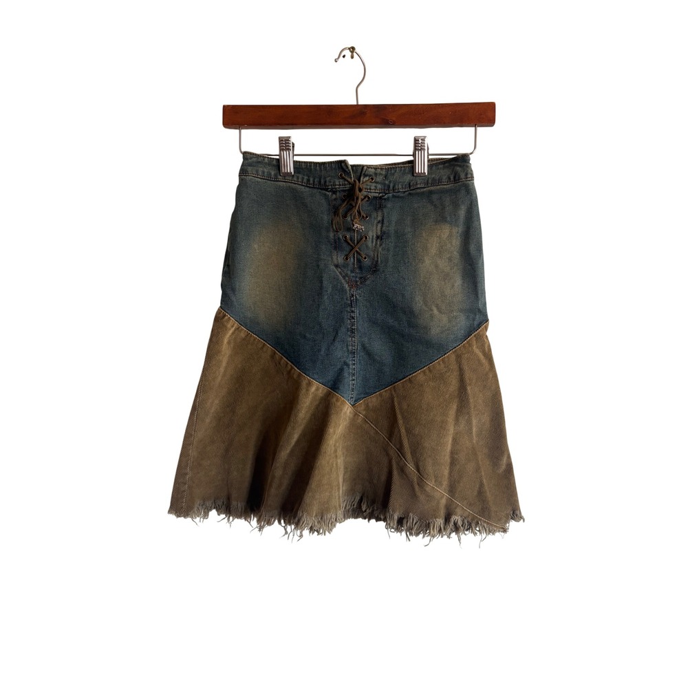 Sara Vintage Y2K Denim Corduroy Lace Up Frayed Hem Skirt Size 10‎ Made in USA